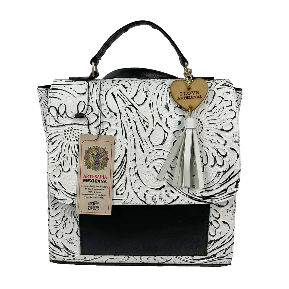 LEATHER White & Black BACKPACK Embossed Tooled Artisan Shoulder Bag Purse Hobo
